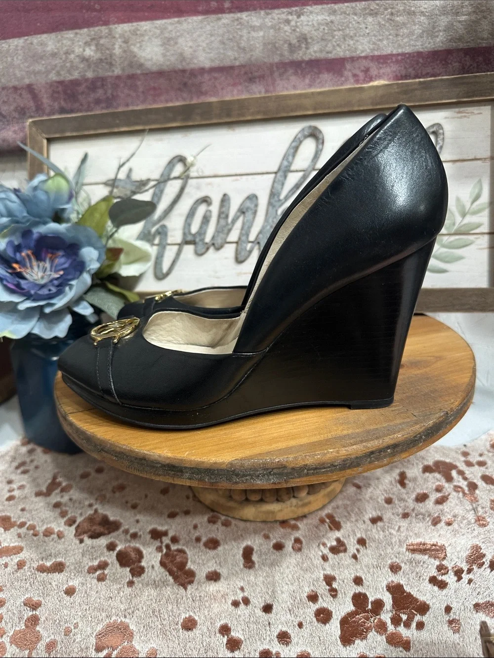Michael Kors Black Peep-Toe Pumps with Gold MK Accent